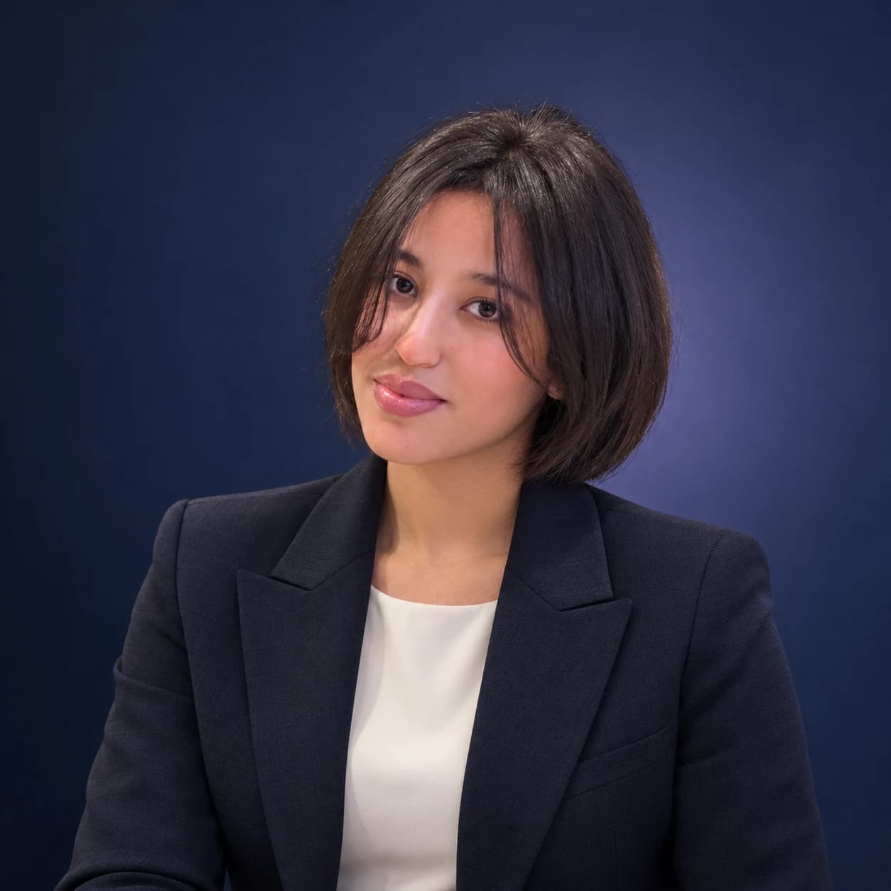 Portrait of Mouna in a navy blazer