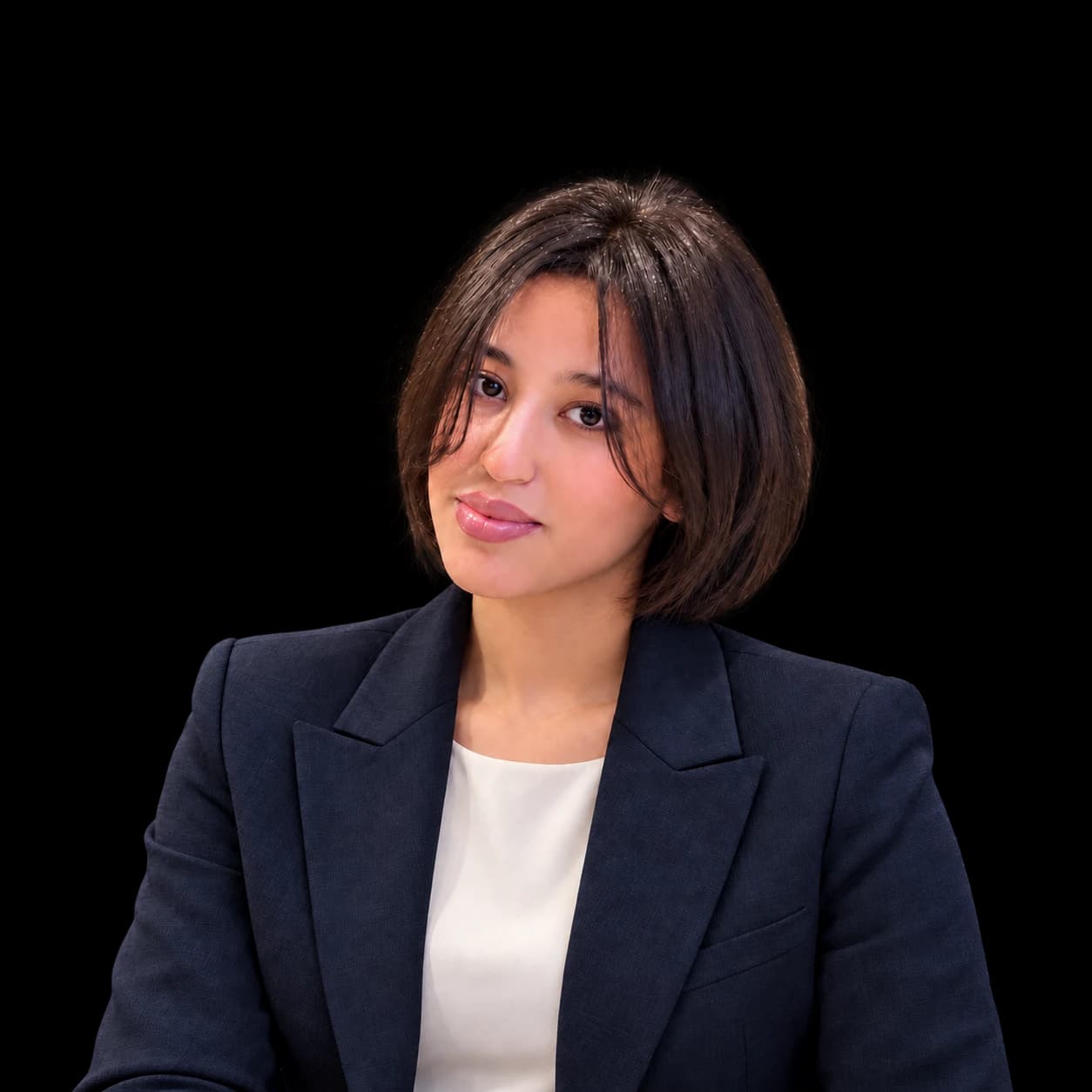 Portrait of Mouna, founder of _moun.ai_, wearing a navy blazer